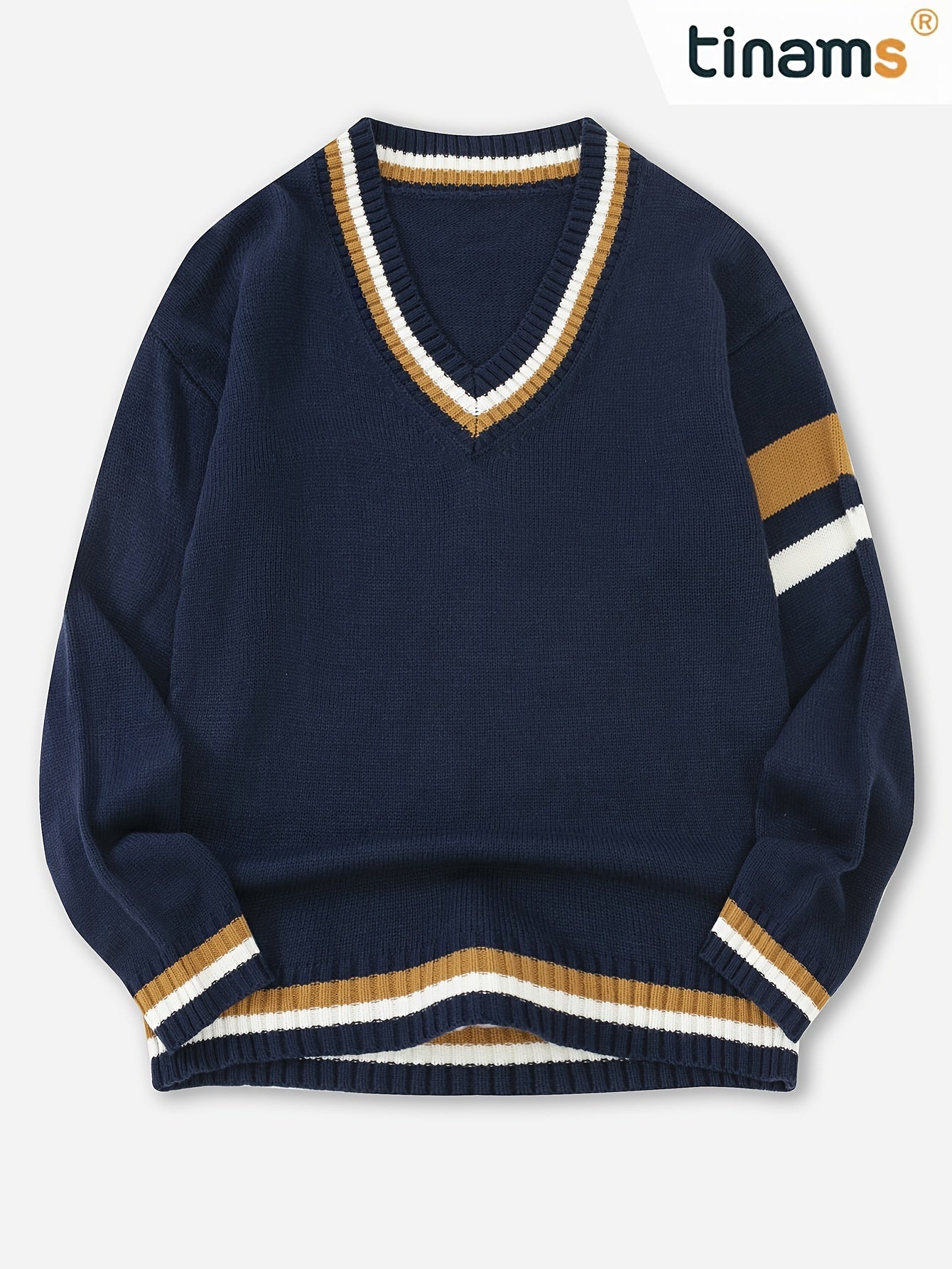 Men'S Casual V-Neck Sweater - Acrylic Knit Pullover with Stripe Detail, Loose Fit for Fall/Winter, British Style