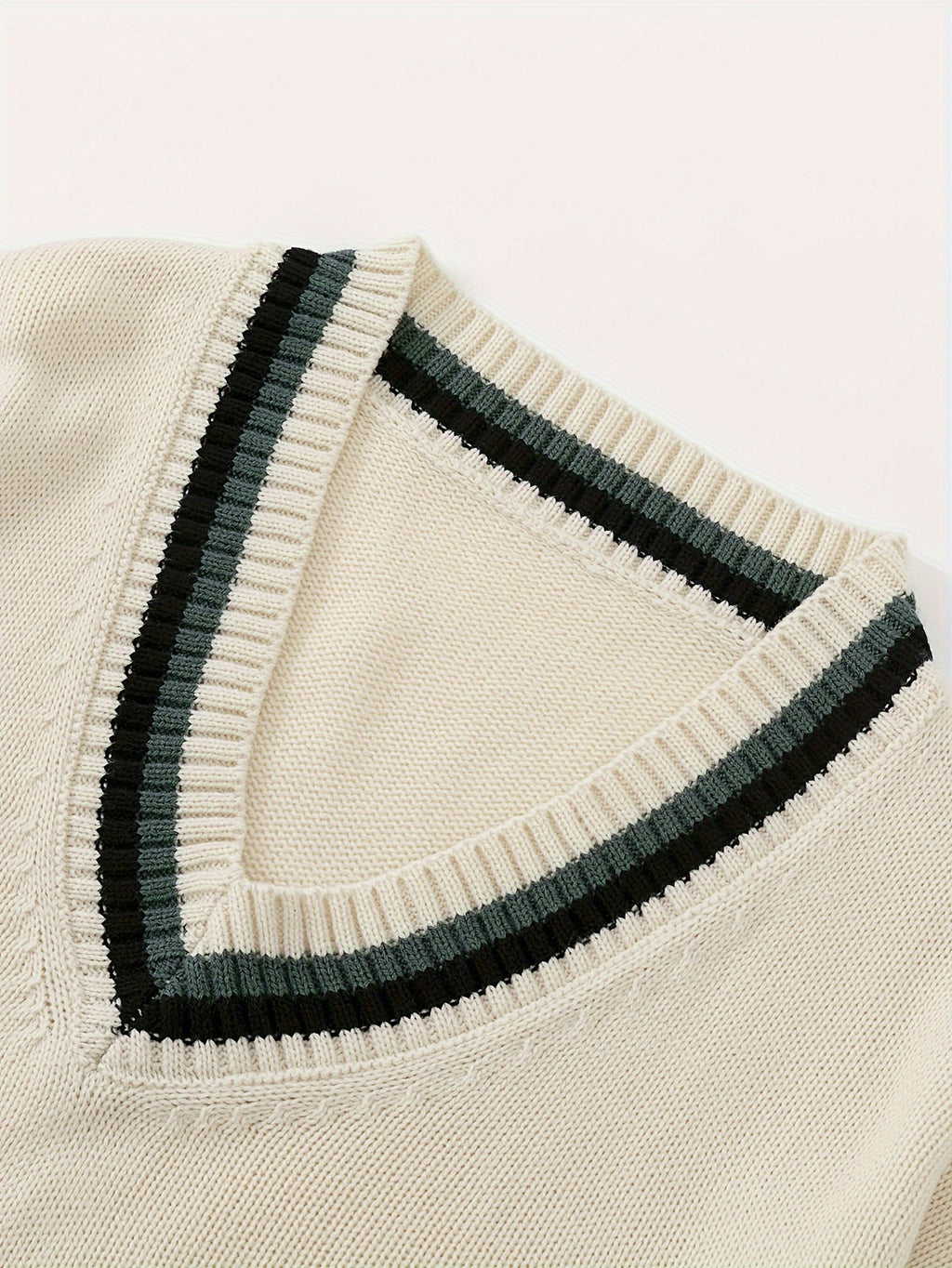 Men'S Casual V-Neck Sweater - Acrylic Knit Pullover with Stripe Detail, Loose Fit for Fall/Winter, British Style
