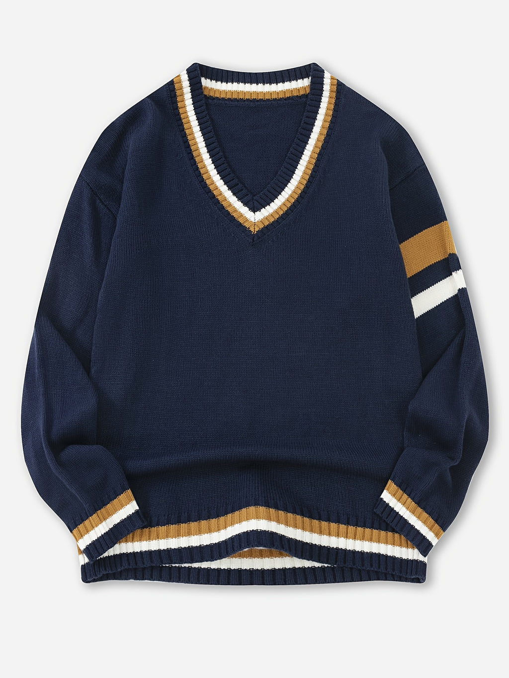 Men'S Casual V-Neck Sweater - Acrylic Knit Pullover with Stripe Detail, Loose Fit for Fall/Winter, British Style
