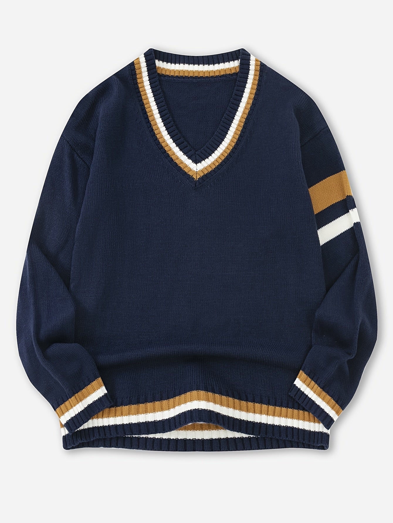 Men'S Casual V-Neck Sweater - Acrylic Knit Pullover with Stripe Detail, Loose Fit for Fall/Winter, British Style