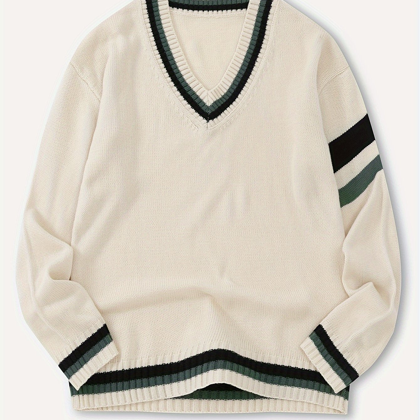 Men'S Casual V-Neck Sweater - Acrylic Knit Pullover with Stripe Detail, Loose Fit for Fall/Winter, British Style