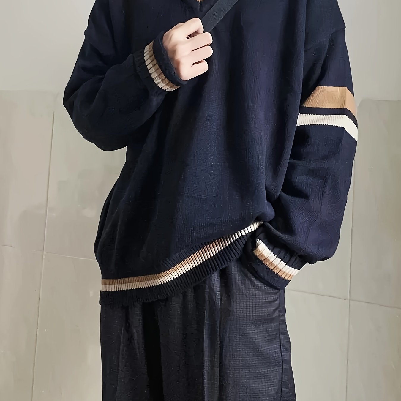 Men'S Casual V-Neck Sweater - Acrylic Knit Pullover with Stripe Detail, Loose Fit for Fall/Winter, British Style