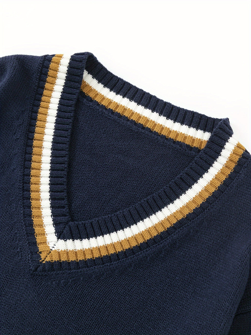 Men'S Casual V-Neck Sweater - Acrylic Knit Pullover with Stripe Detail, Loose Fit for Fall/Winter, British Style
