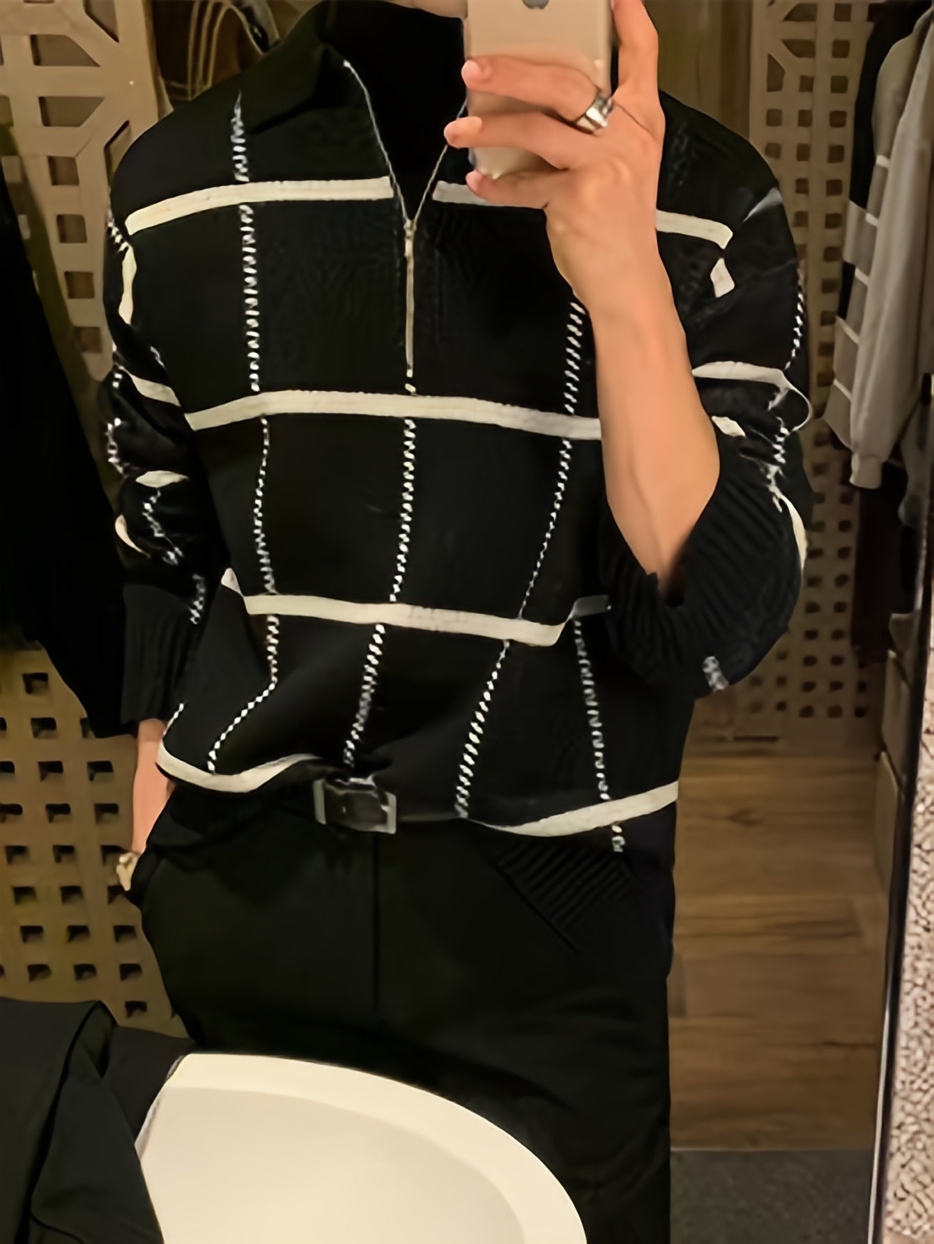 Men'S Retro Plaid & Stripe Knit Sweater - Black & White Striped Collar & Half-Zipper Front, Medium Stretch Durable Knitwear, Regular Fit Long Sleeve Winter Warmth, Casual Fall/Winter Sweater for Men, Classic Versatile Layerin