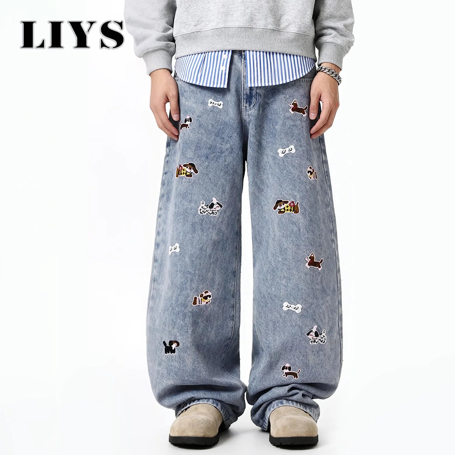 Retro Dog Embroidered Wide Jeans