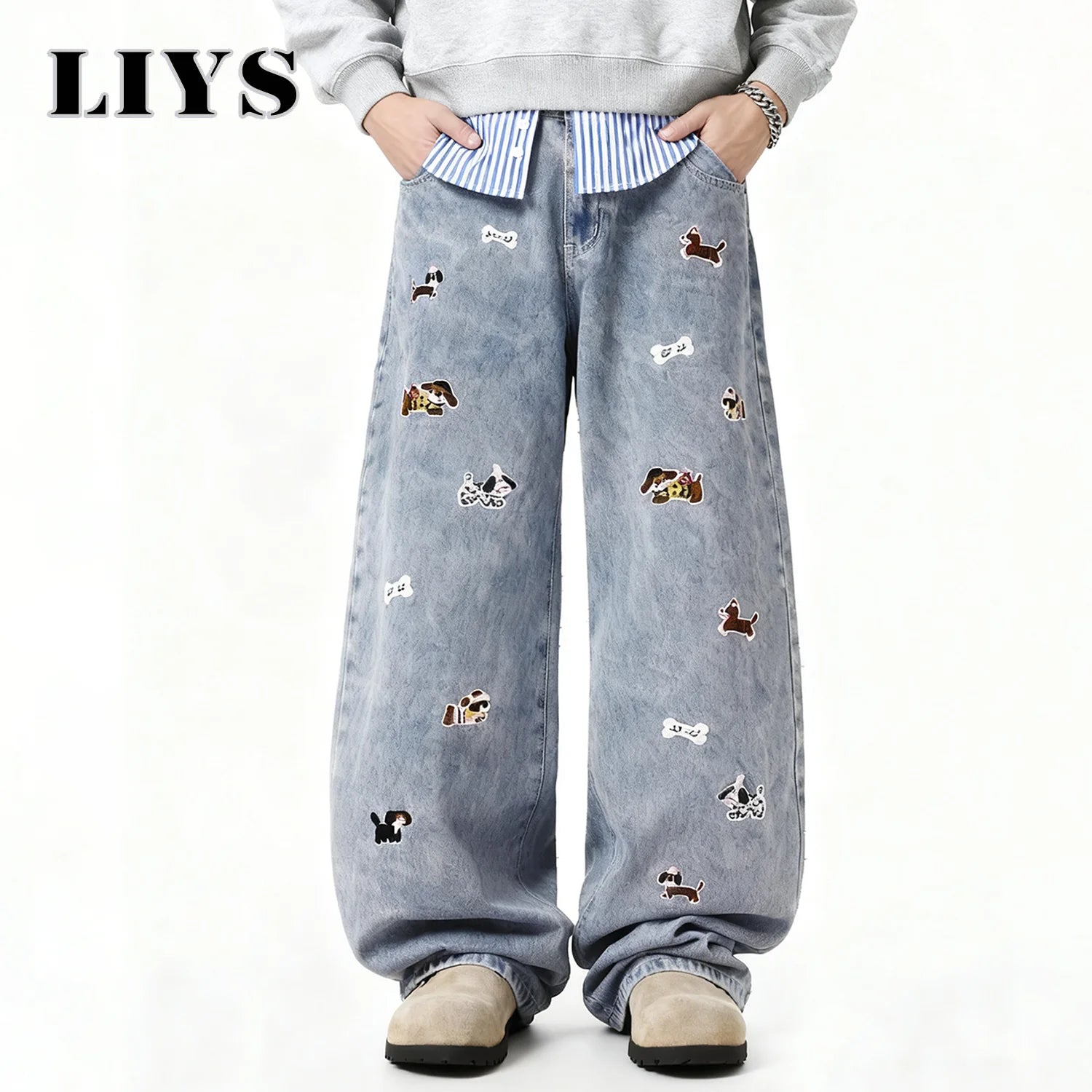 Retro Dog Embroidered Wide Jeans