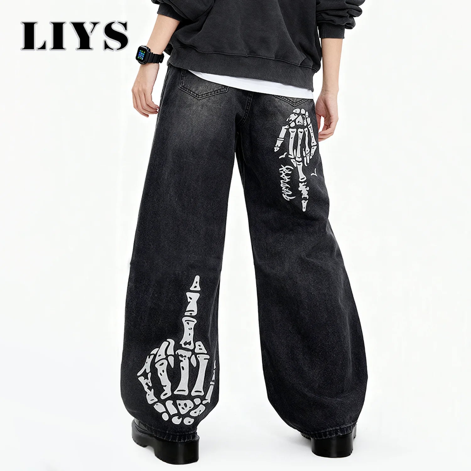 Black Skull Print Baggy Jeans