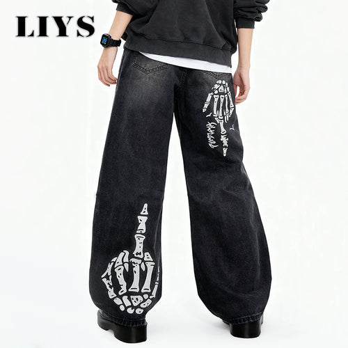 Black Skull Print Baggy Jeans