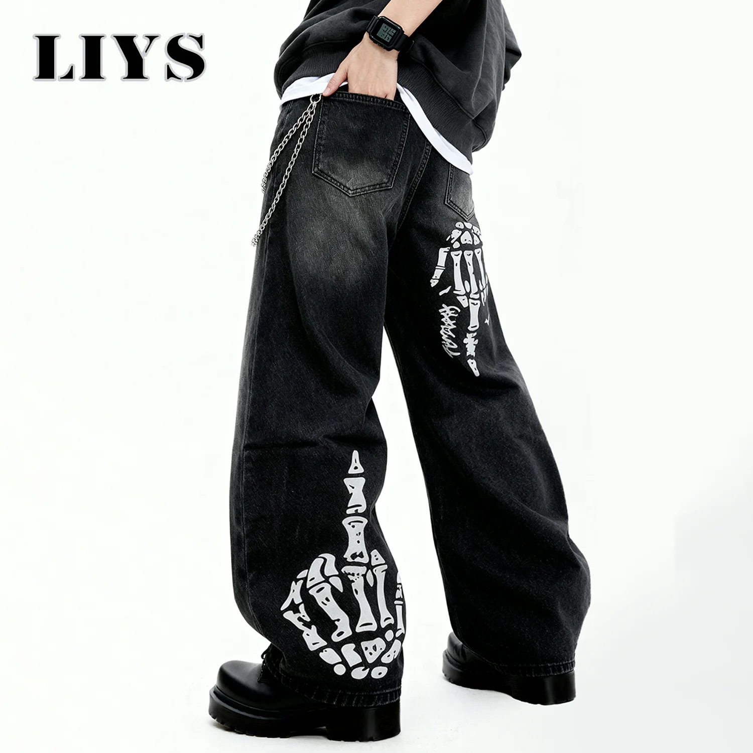 Black Skull Print Baggy Jeans
