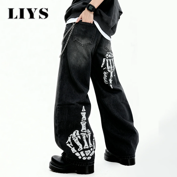 Black Skull Print Baggy Jeans