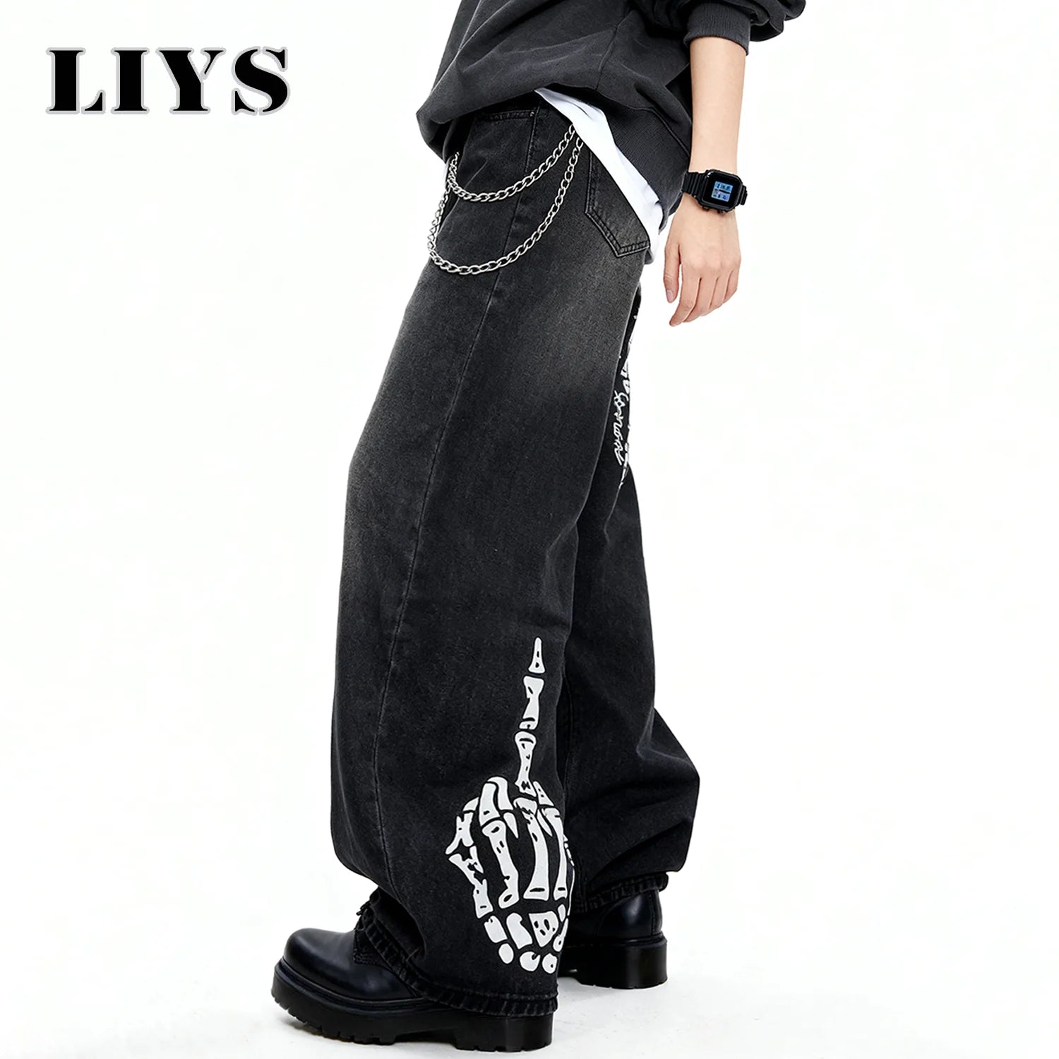 Black Skull Print Baggy Jeans