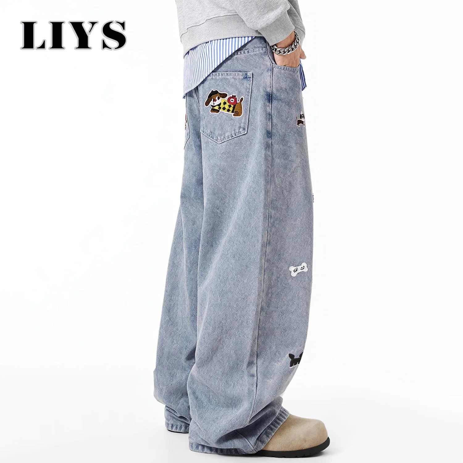 Retro Dog Embroidered Wide Jeans