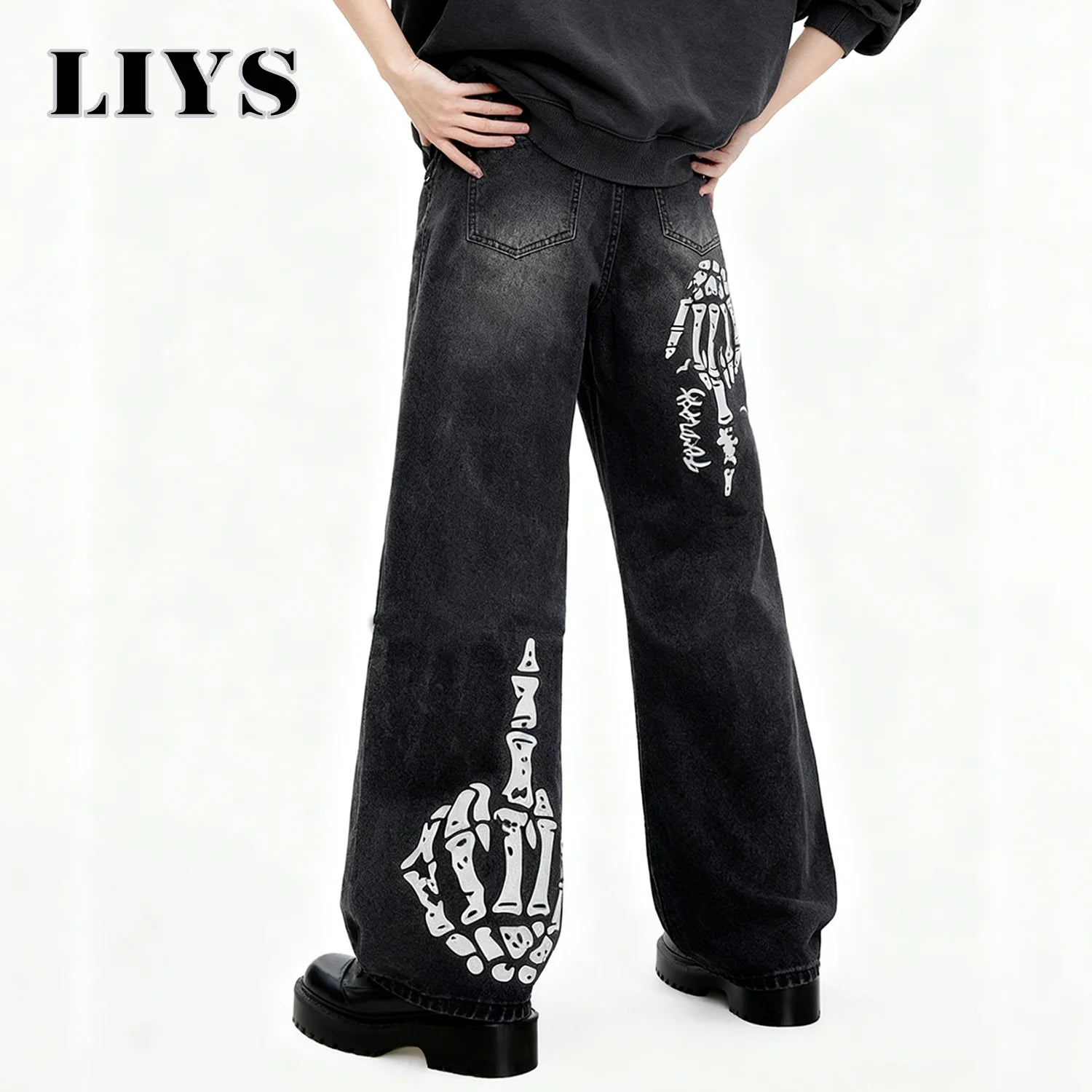 Black Skull Print Baggy Jeans