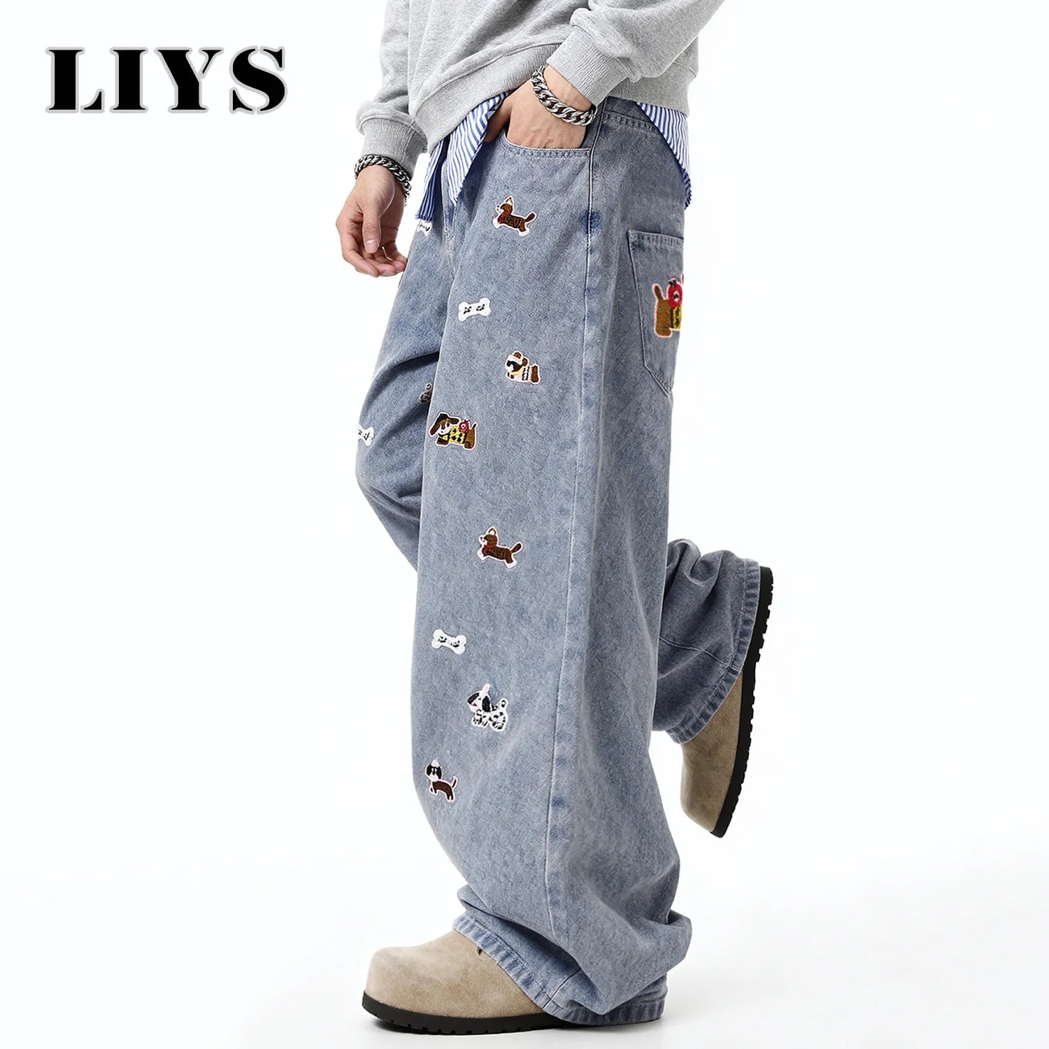 Retro Dog Embroidered Wide Jeans